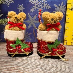 Festive Vintage Teddy Bear Beaded/Sequin Christmas Boot Ornaments